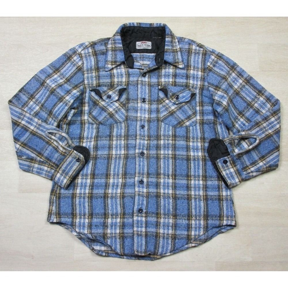 VTG 1960's Fruit Of The Loom Plaid Flannel Sanforized Shirt Sz (L) Poland Tag